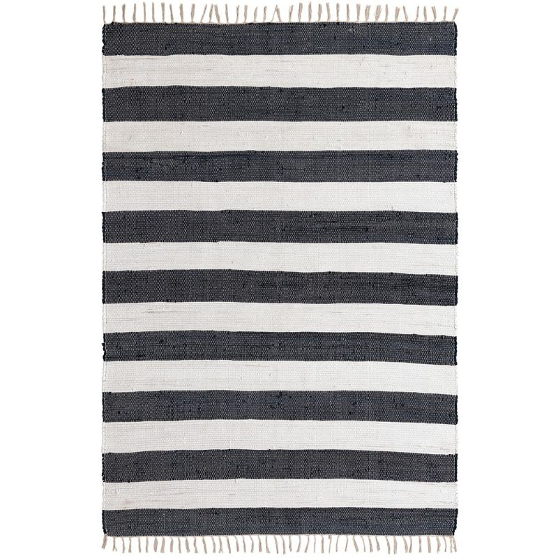 Unique Loom Chindi Rag Collection Area Rug - Striped (6' 1" x 9' Rectangle Navy Blue/Ivory)