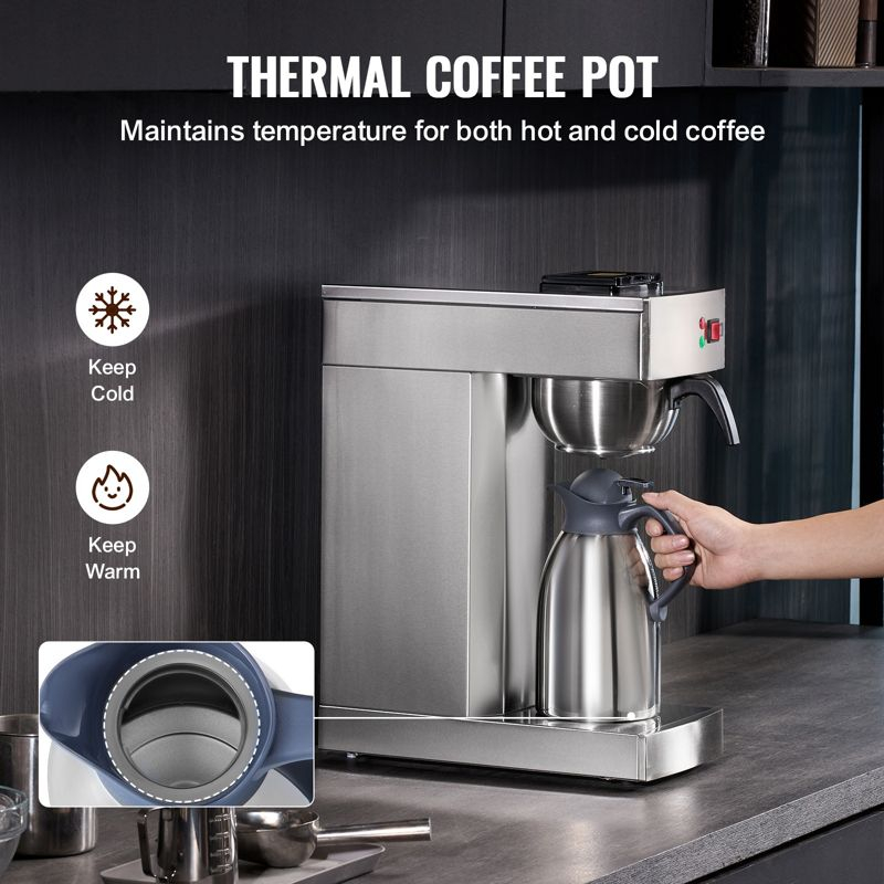 VEVOR 12 Cups Commercial Drip Coffee Maker, Coffee Maker Machine with Thermal Carafe to Keep Warm or Cold, Stainless Steel Pour Over Coffee Brewer