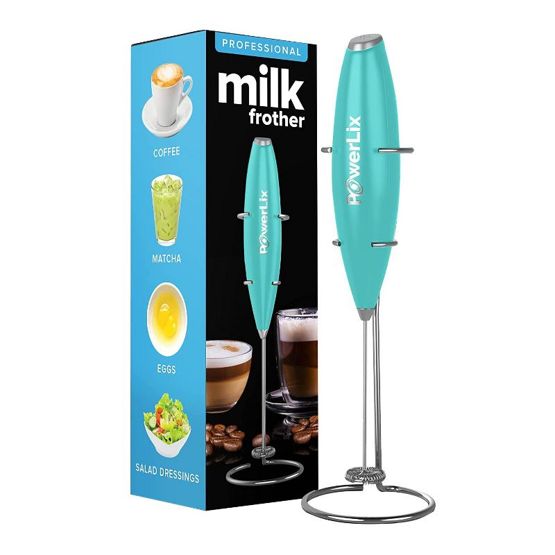 PowerLix Milk Frother Handheld Battery Operated Electric Whisk Foam Maker For Coffee With Stainless Steel Stand Included  - Carribean Aqua