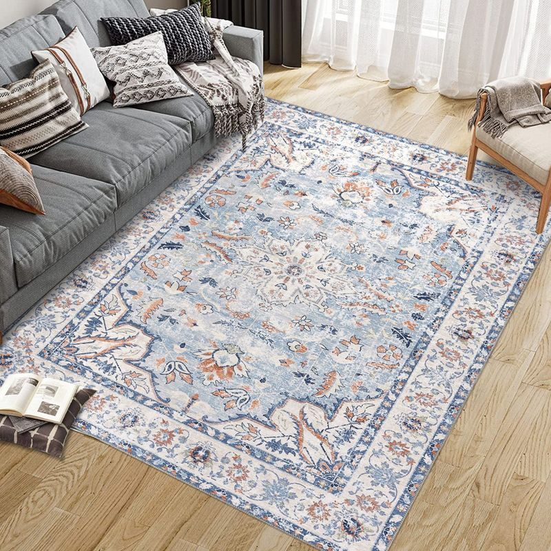 9x12 Area Rug Vintage Medallion Distressed Rug Machine Washable Area Rugs for Living Room Non-Slip Stain Resistant Accent Rug, Blue