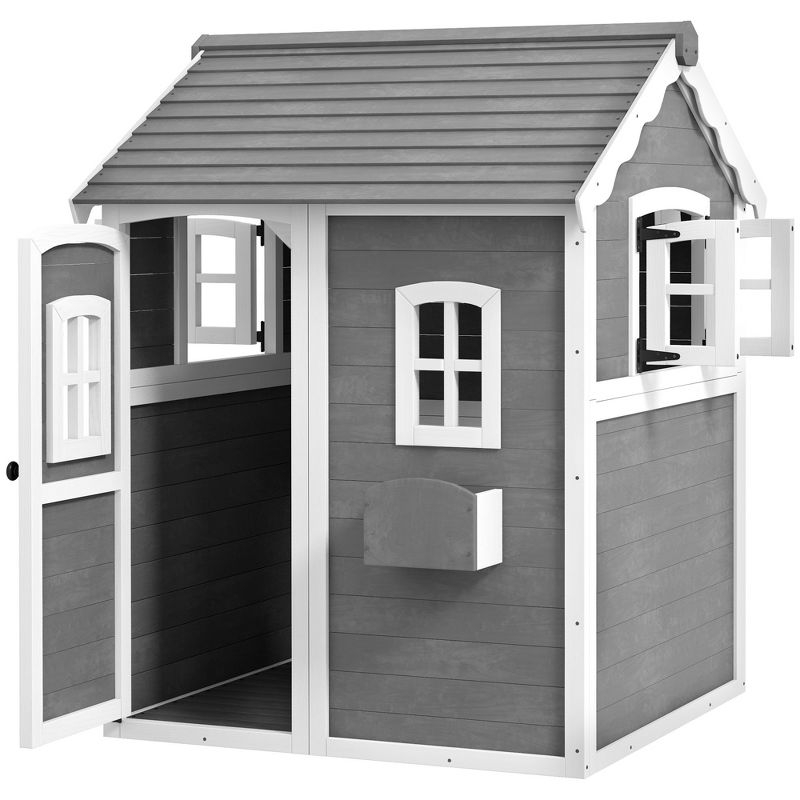 Outsunny Playhouse for Kids, Outdoor Wooden Playhouse with Floor, Door, Windows & Planter Box for 3-8 Years Old, Backyard, Lawn, Garden, Gray