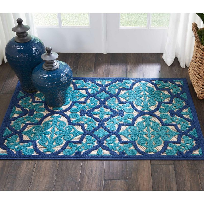 Nourison Aloha Moroccan Trellis Flatweave High-Low Indoor Outdoor Area Rug Navy 2'8" x 4'