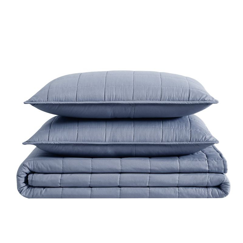 2pc Twin/Twin Extra Long Garment Wash Solid Quilt Set Blue - London Fog: Microfiber Bedding with OEKO-TEX Certified