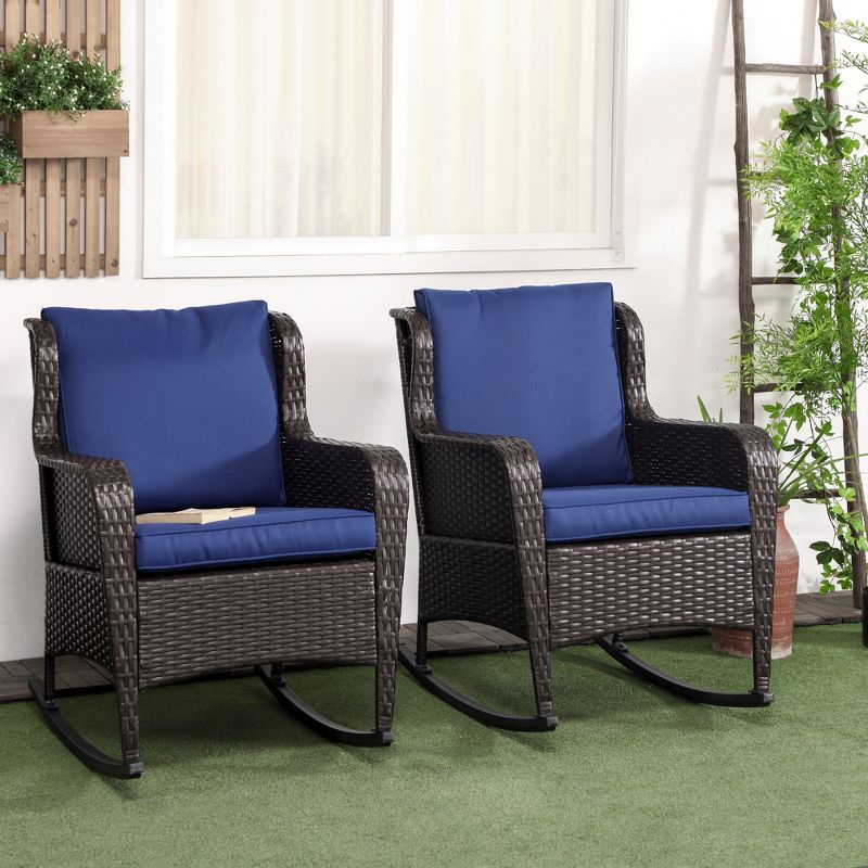 Outsunny 2 Piece Patio Wicker Rocking Chairs, Outdoor PE Rattan Swing Chairs w/ Soft Cushions for Garden, Patio, Lawn, Dark Blue