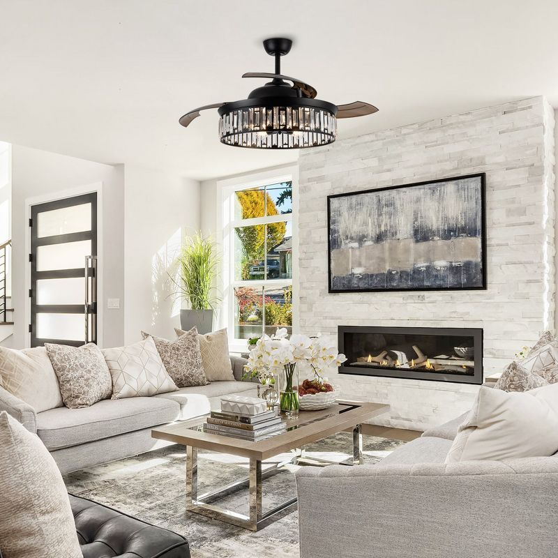 Parrot Uncle 52" Modern Black Crystal Smart Ceiling Fan, Works with Google Home/Alexa/Tuya