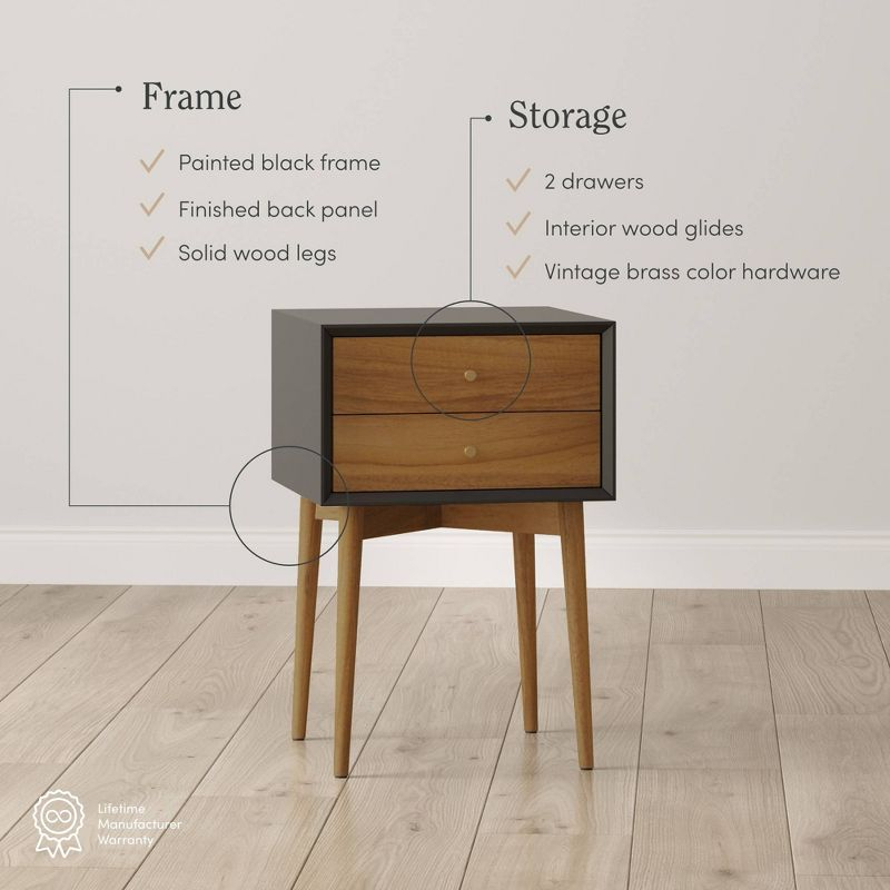 Nathan James Harper Nightstand Acacia Black: Mid-Century Modern with Storage Drawers & Pinewood Legs