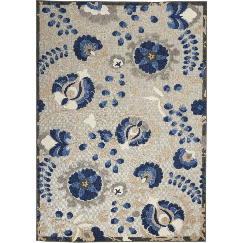 Nourison Aloha Floral Textured Flatweave High-Low Indoor Outdoor Area Rug Natural/Blue 6' x 9'