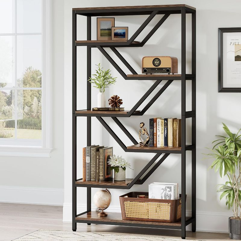 Tribesigns 6-Tier Bookshelf, 72-Inch Tall Industrial Open Storage Organizer, Freestanding Wood Display Rack with Metal Frame for Living Room, Brown