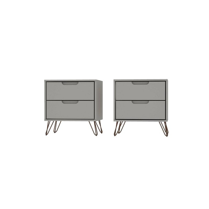 Set of 2 Rockefeller 2 Drawer Nightstands Off White - Manhattan Comfort: Modern Splayed Metal Legs, MDF