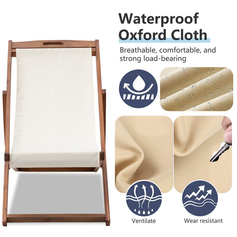 FDW Beach Sling Patio Chair for Relaxing, Foldable with Adjustable Height Made from Eucalyptus Wood with White Polyester,Khaki