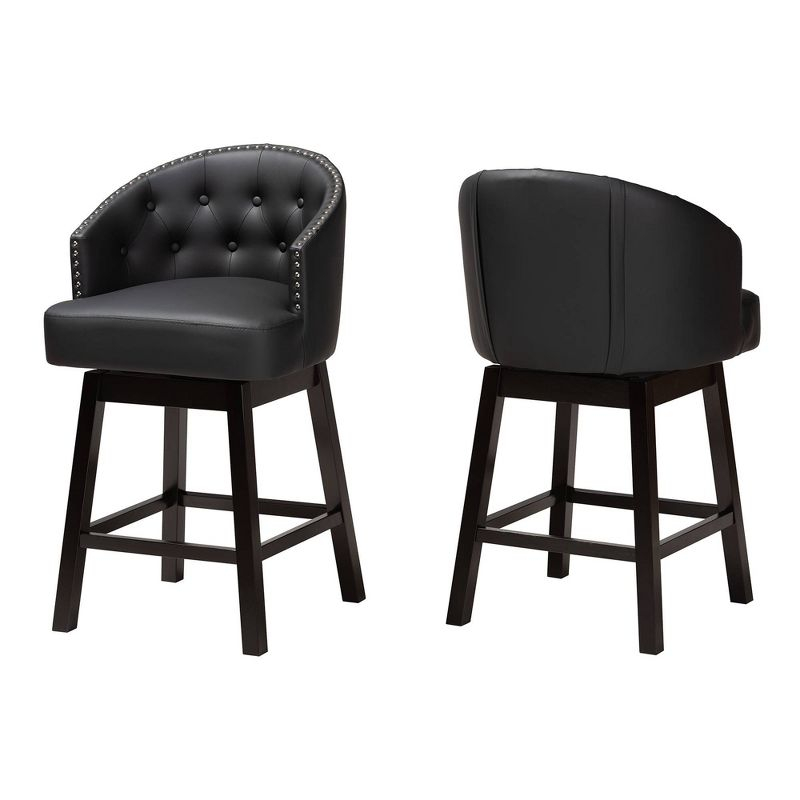 2pc Theron Faux Leather & Wood Swivel Counter Height Barstool Set with Nailhead Trim - Baxton Studio