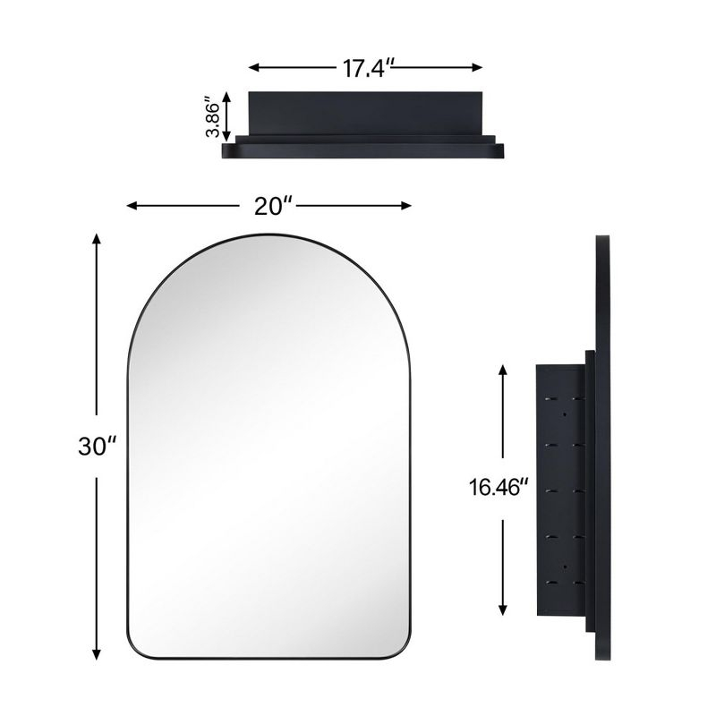 TEHOME 20 in. W x 30 in. H Arched Metal Framed Recessed Medicine Cabinet with Mirror and Shelves for bathroom in Black
