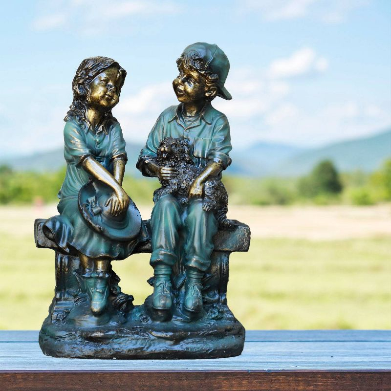 Alpine Corporation 16" Polyresin Girl and Boy with Dog Sitting on Bench Sculpture Bronze: Durable Outdoor Decor, Magnesium Oxide, Rust-Resistant
