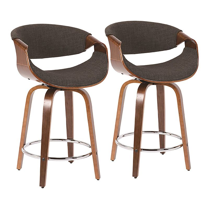 Set of 2 Curvini Upholstered Counter Height Barstools Charcoal/Walnut - LumiSource: Swivel, Chrome-Plated, Wood Legs