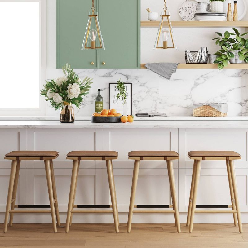 Nathan James Barker Wood Cushioned Counter Height Barstool Warm Pine/Chestnut: Upholstered Rectangle, 250lb Capacity