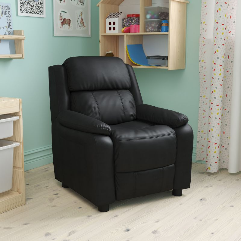 Flash Furniture Charlie Deluxe Padded Contemporary Black LeatherSoft Kids Recliner with Storage Arms