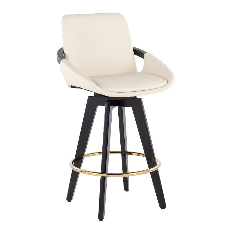 Set of 2 Cosmo PU Leather/Metal/Wood Counter Height Barstools Black/Gold/Cream - LumiSource: Swivel, Upholstered, Spot Clean