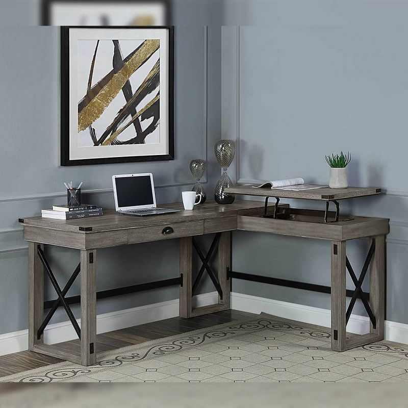 67" Talmar Writing Desk Weathered Finish Gray - Acme Furniture: L-Shaped, Lift-Top Storage, No Assembly Required