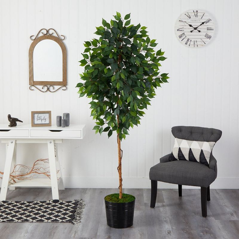 Nearly Natural 74-in Ficus Artificial tree in Black Tin Planter
