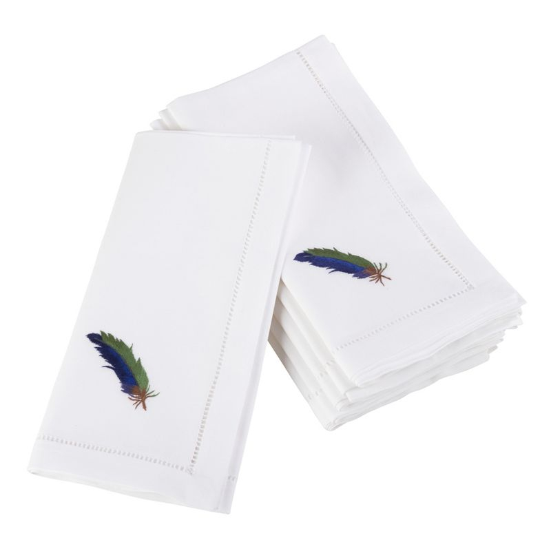 Saro Lifestyle Embroidered Blue Feather Design Hemstitched Trim Border Cotton Napkin (Set of 6), 20"x20", White
