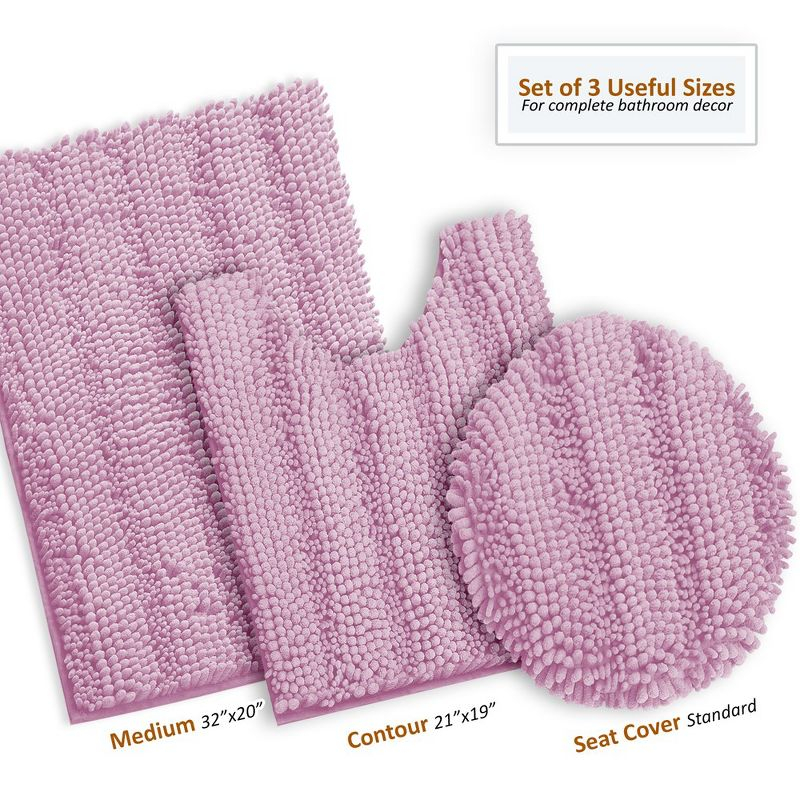 Hearth & Harbor 3 Piece Striped Chenille Bathroom Rug set with Seat Cover - Lilac