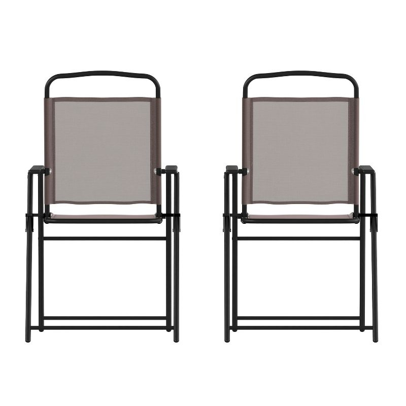 Flash Furniture Set of 2 Mystic Folding Patio Sling Chairs, Outdoor Textilene Lawn Chairs with Armrests in Brown