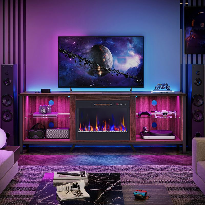 Bestier 70" Modern TV Stand with Electric Fireplace and LED Lights, Gaming Entertainment Center with Cabinet and Large Storage in Living Room,Walnut
