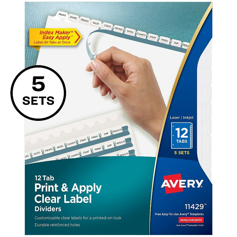 Avery Print & Apply Clear Label Dividers w/White Tabs 12-Tab Letter 5 Sets 11429