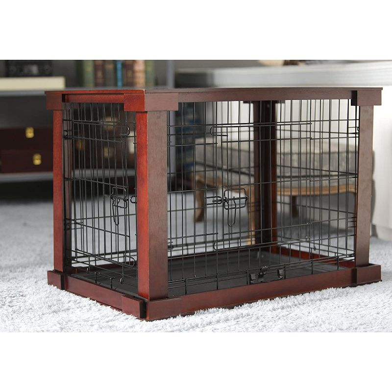 Merry Products 2 Door Decorative Pet Kennel with Wooden Protection Cover, Divider Insert, and Removable Tray End or Side Table, Large, Brown