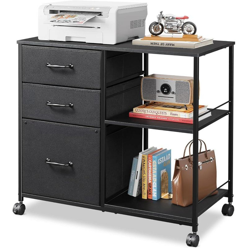 Rolling File Cabinet with 3 Drawers and Shelf, Mobile Printer Stand for Home Office, Black