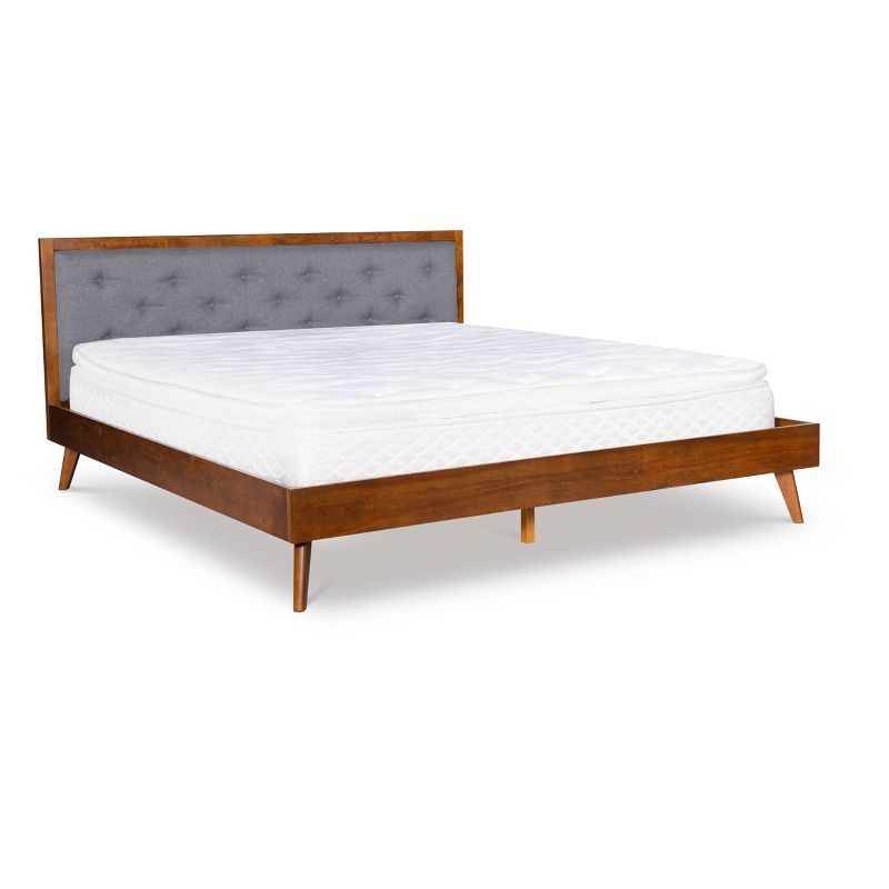 King Reid Mid-Century Platform Bed in Walnut Finish with Tufted Headboard in Gray Fabric - Linon: Upholstered Polyester, No Box Spring Needed
