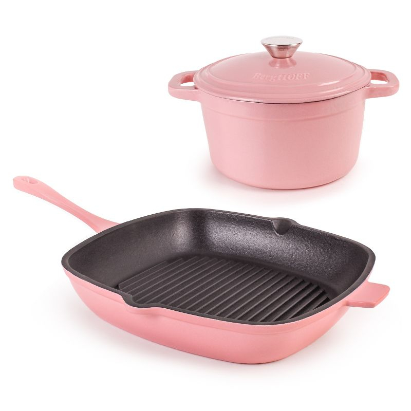 BergHOFF Neo 3Pc Cast Iron Set: 3qt. Covered Dutch Oven & 11" Grill Pan, Pink