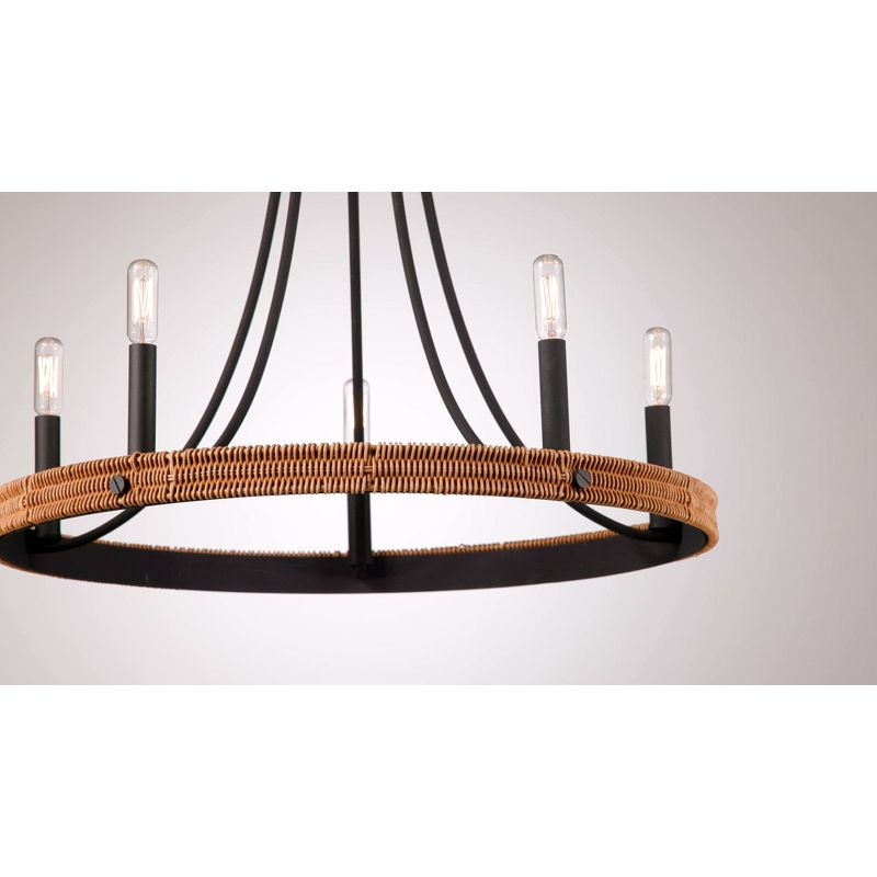 Franklin Iron Works Navarro Black Wagon Wheel Chandelier 24 1/2" Wide Farmhouse Rustic Wood Ring 5-Light Fixture for Dining Room