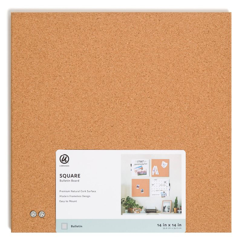 U Brands 14"x14" Square Frameless Cork Board Tile: Wall Mount Bulletin Pinboard with Push Pins, Brown