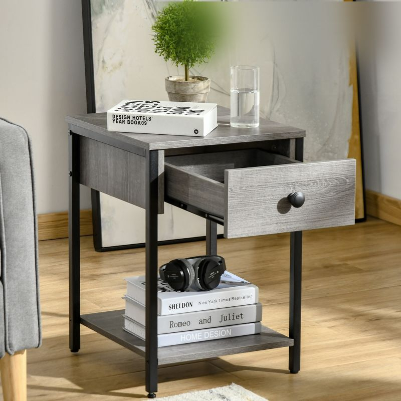 HOMCOM Industrial End Table with Storage Shelf, Accent Side Table with Drawer for Living Room, Gray