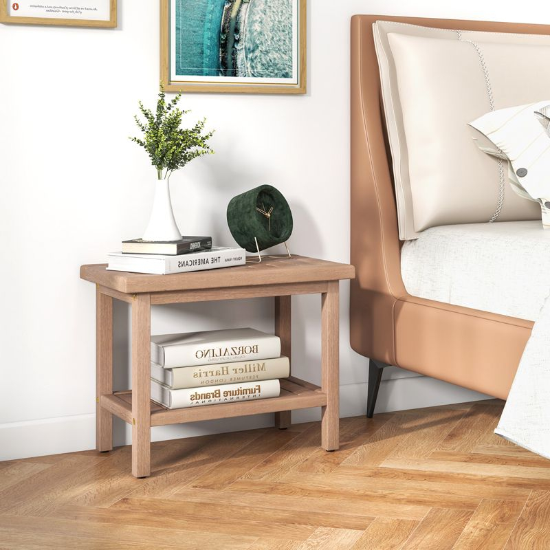 Costway 21'' Indonesia Teak Wood Shower Bench 2-Tier Waterproof Bath Spa Stool with Storage Shelf