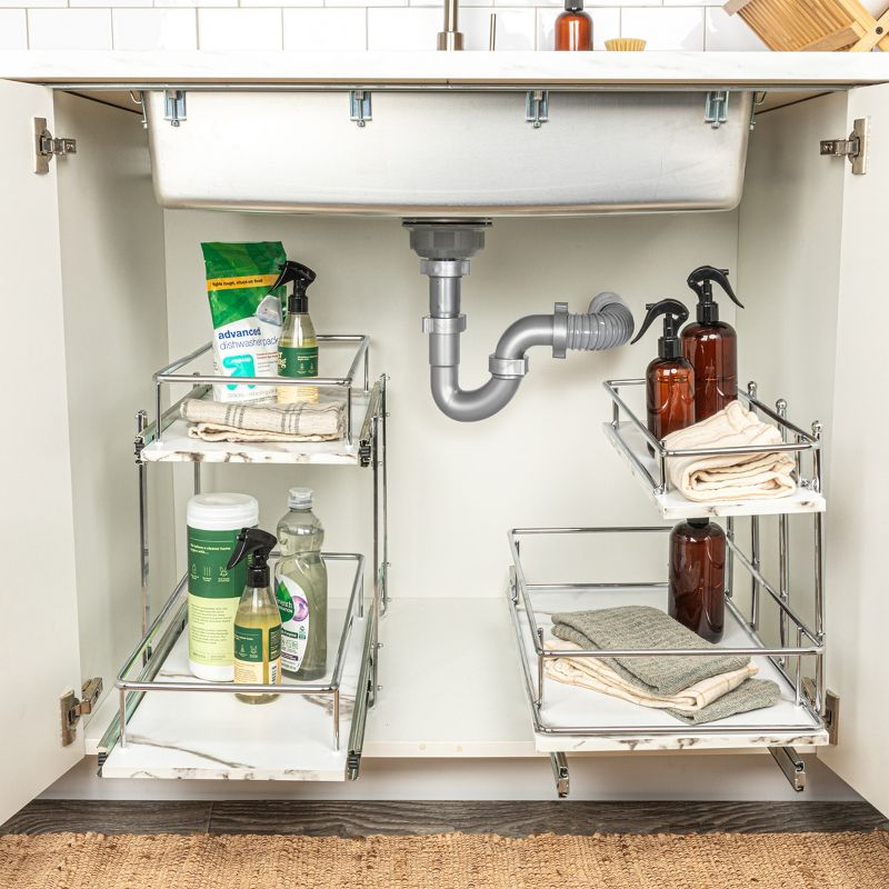 Glidez Chrome-Plated Steel and Faux Marble Pull-Out/Slide-Out Storage Organizer for Under Sink or Cabinet - 2-Tier Design - White and Chrome