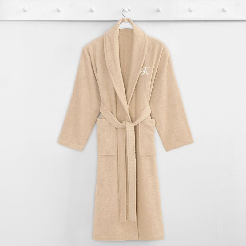 Linum Home Textiles 100% Turkish Cotton Adult Personalized Terry Bathrobe in White Script Font , Beige , Small/Medium