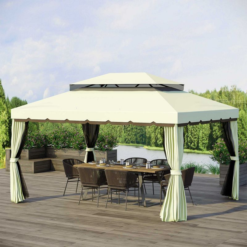 Outsunny 10' x 13' Patio Gazebo, 2-Tier Polyester Roof, Vented Canopy, Mesh, Portable Aluminum Frame for Outdoor, Cream White