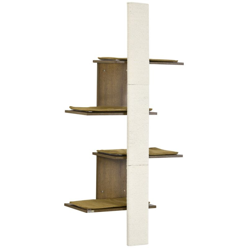 PawHut Wall-Mounted Cat Tree with Scratching Post & Soft Cushions, Modern Cat Tree with Cat Shelves, Wooden Cat Tower Kitty Playground
