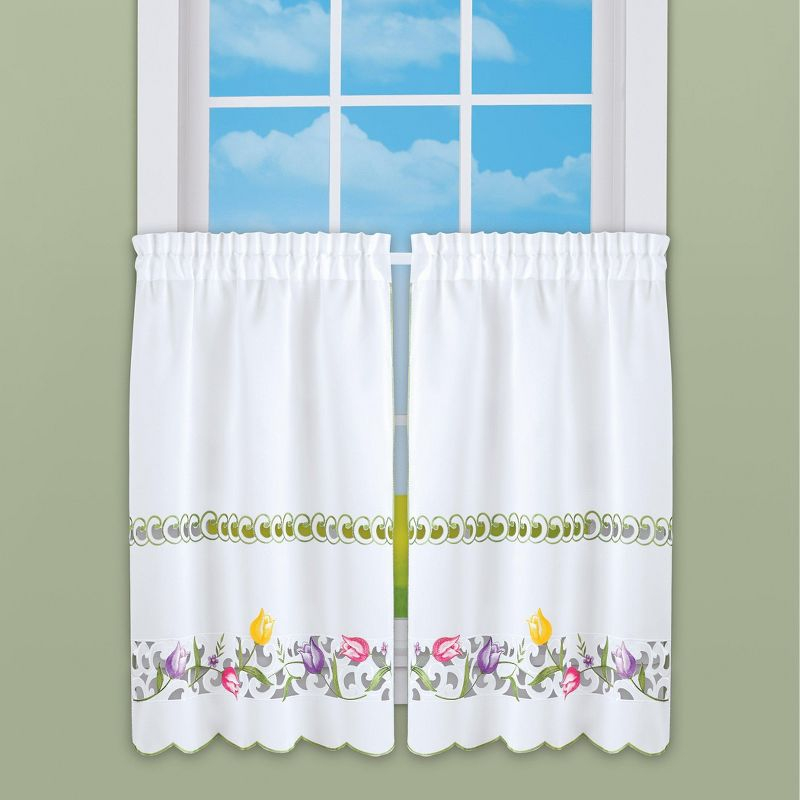 Collections Etc Embroidered Tulips Café Kitchen Curtains 36"L Tiers