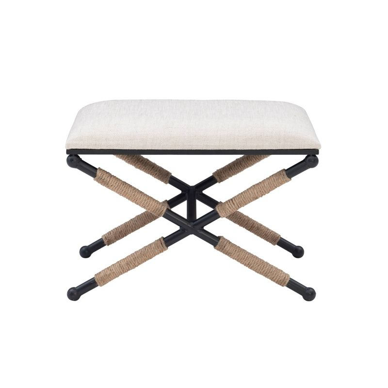 24" Ashburn Boho Rope Wrapped Campaign Accent Stool Ottoman Buff Beige Linen - Linon: Vanity, Bedroom Bench