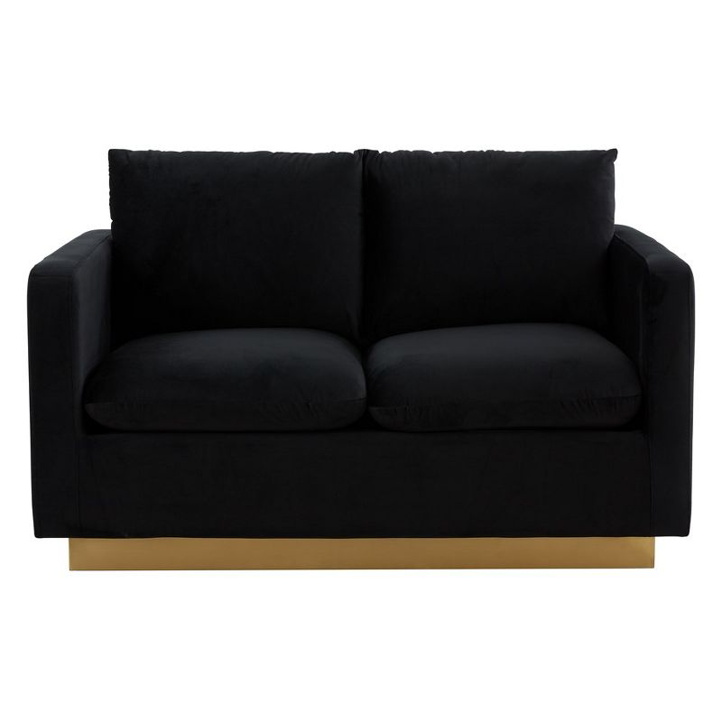 LeisureMod Nervo Mid-Century Modern Upholstered Velvet Loveseat with Gold Frame in Midnight Black