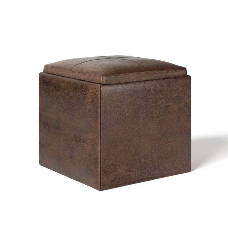 WyndenHall Townsend 17" Wide Contemporary Square Storage Ottoman in Distressed Brown Vegan Faux Leather, Assembled
