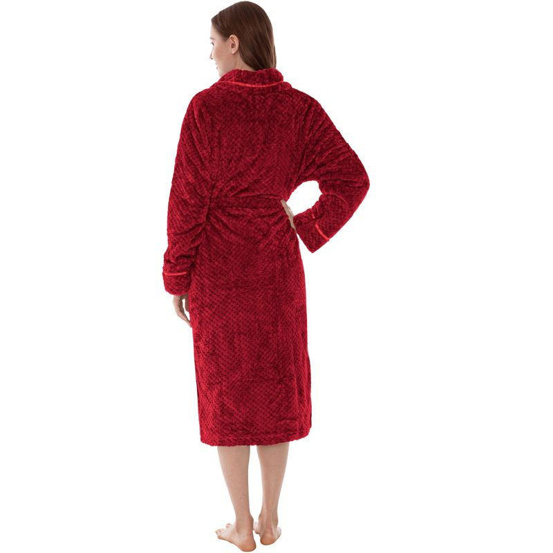 PAVILIA Women Plush Fleece Robe, Soft Textured Bathrobe, Lady Cozy Spa Long Robes, Fuzzy Satin Waffle Trim (Dark Red, Small-Medium)