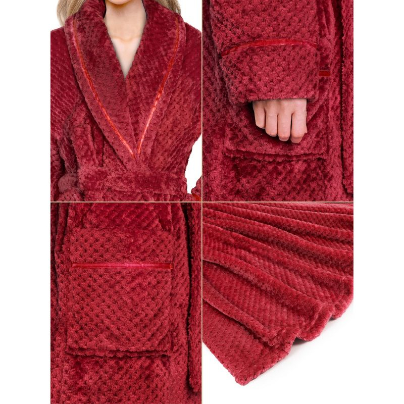 PAVILIA Women Plush Fleece Robe, Soft Textured Bathrobe, Lady Cozy Spa Long Robes, Fuzzy Satin Waffle Trim (Dark Red, Small-Medium)
