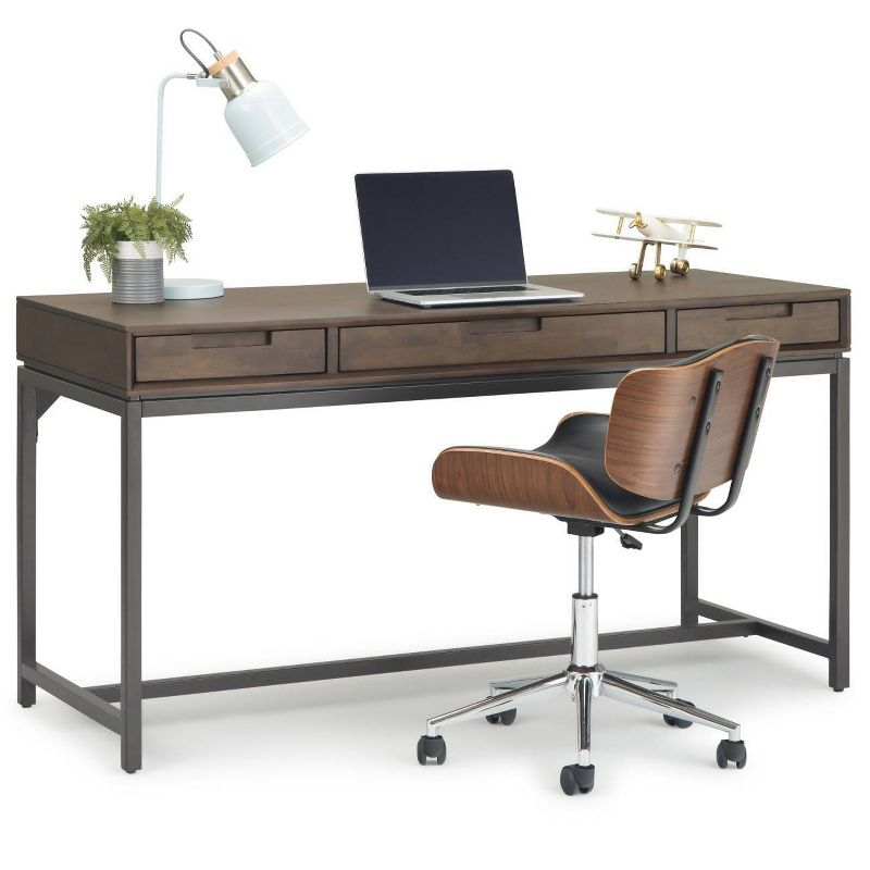 WyndenHall 60" Devlin Mid-Century Solid Wood Writing Desk with Drawers Walnut Brown : Home Office Furniture, Spacious Workstation