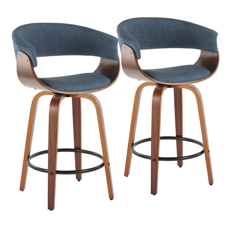 Set of 2 Vintage Modern Counter Height Barstools Walnut/Black/Blue - LumiSource: Fixed-Height, Swivel, Footrest