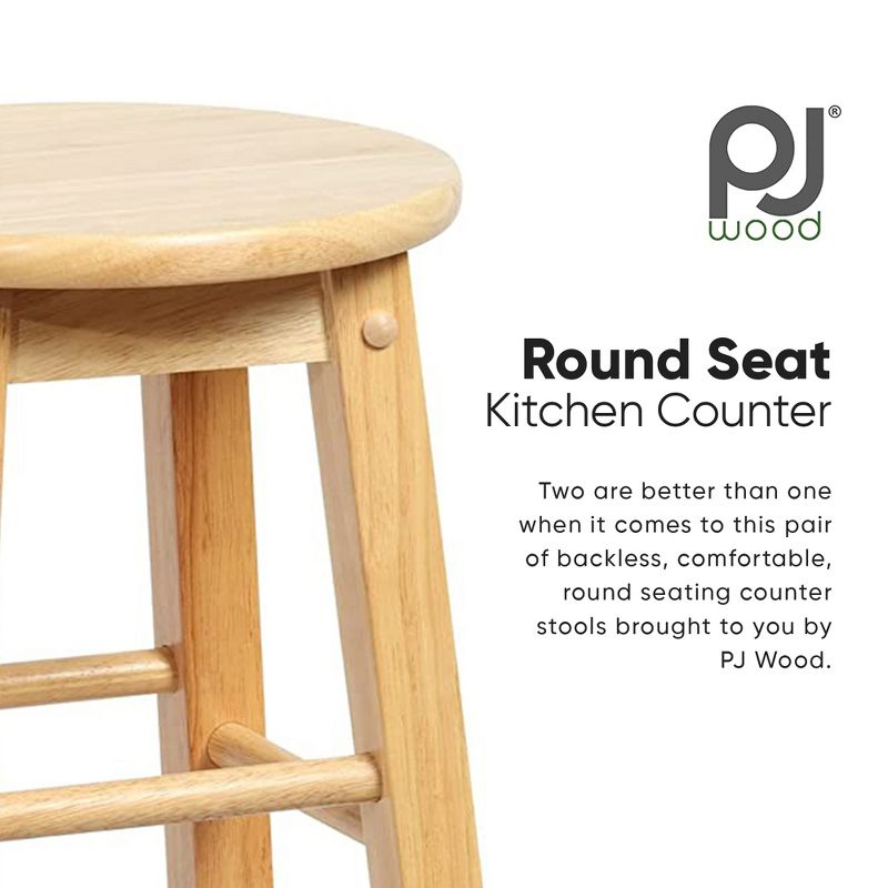 PJ Wood Round-Seat 24 Inch Tall Kitchen Counter Stools for Homes, Dining Spaces, and Bars with Backless Seats, 4 Square Legs, Natural, Set of 2