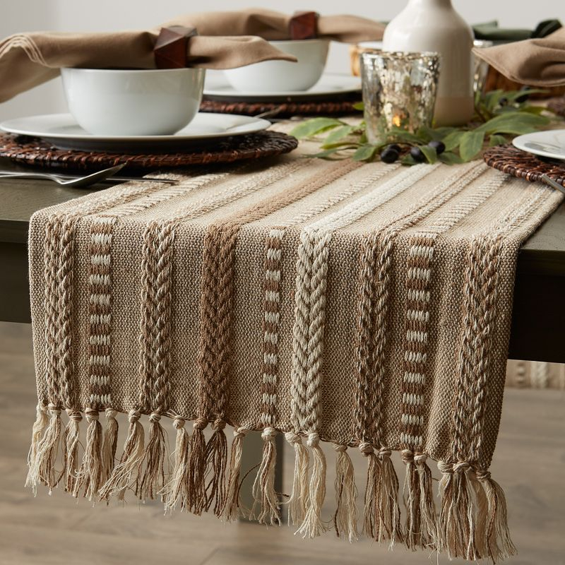 Design Imports  Braided Stripe Jacquard Fringe Table Runner, 15X72", Stone